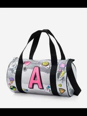 'Justice' Brand-Silver Sequin Duffel Bag with Pink 'A' Initial